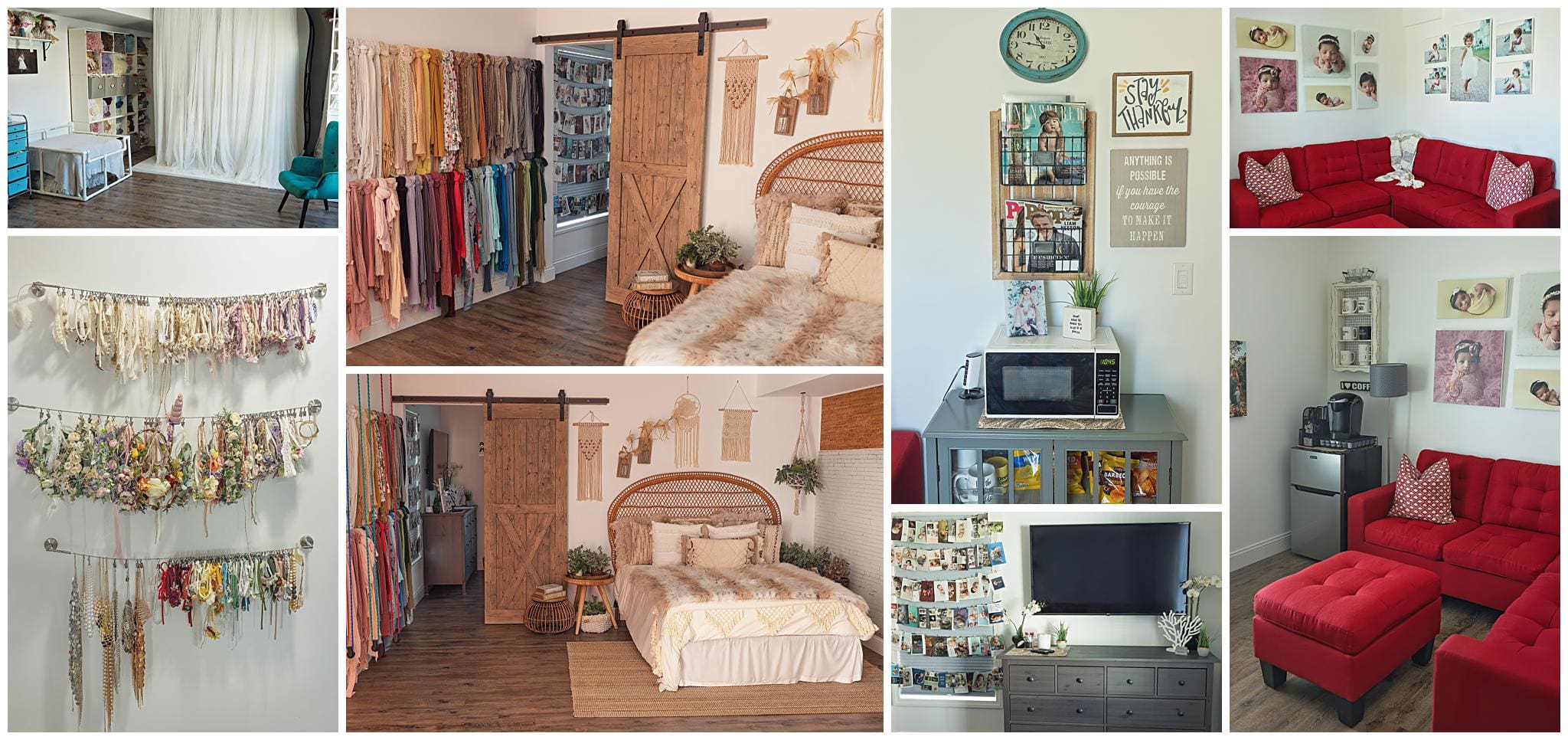 Collage of a cozy studio. Includes a bedroom with rustic decor, clothing racks, a kitchenette with microwave, magazine racks, and a lounge area with red sofas. Walls are adorned with floral hangings, framed photos, quotes, and a clock.