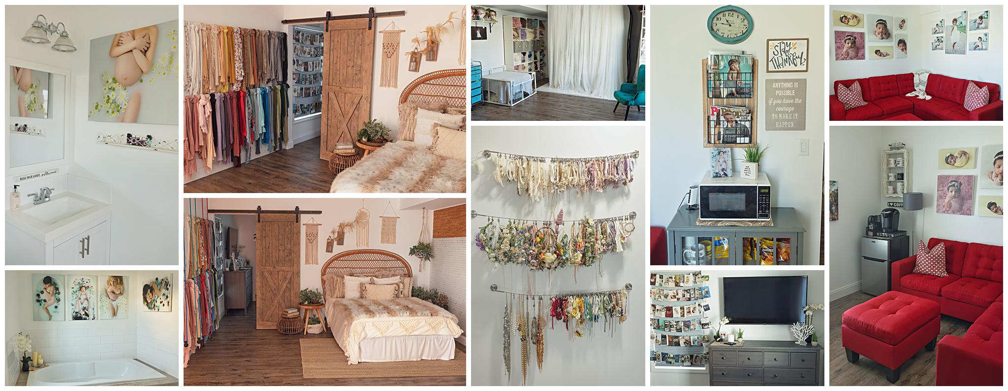 Collage of a cozy photography studio. Includes a bedroom with wooden accents, infant props, a sitting area with red sofas, photo displays, and a kitchenette with a microwave and coffee maker. Walls adorned with portraits and floral decorations.Studio can be found in Milford Connecticut.