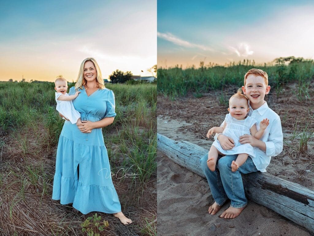 Left: A smiling woman in a blue dress stands in a grassy field at sunset, holding a baby in a white dress. Right: A boy sits on a log at the beach, holding the same smiling baby—perfect moments for families seeking Pediatric Dentists In Milford CT.