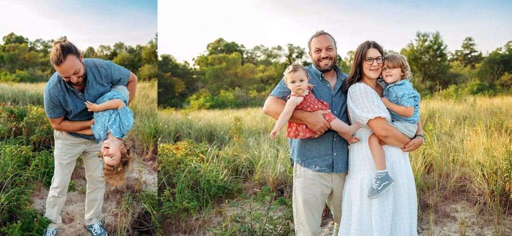A family of four poses outdoors in a grassy field. On the left, the father playfully holds an upside-down toddler. This joyful scene captures a moment that pediatricians in Milford CT love to see—happy, healthy children with their families.