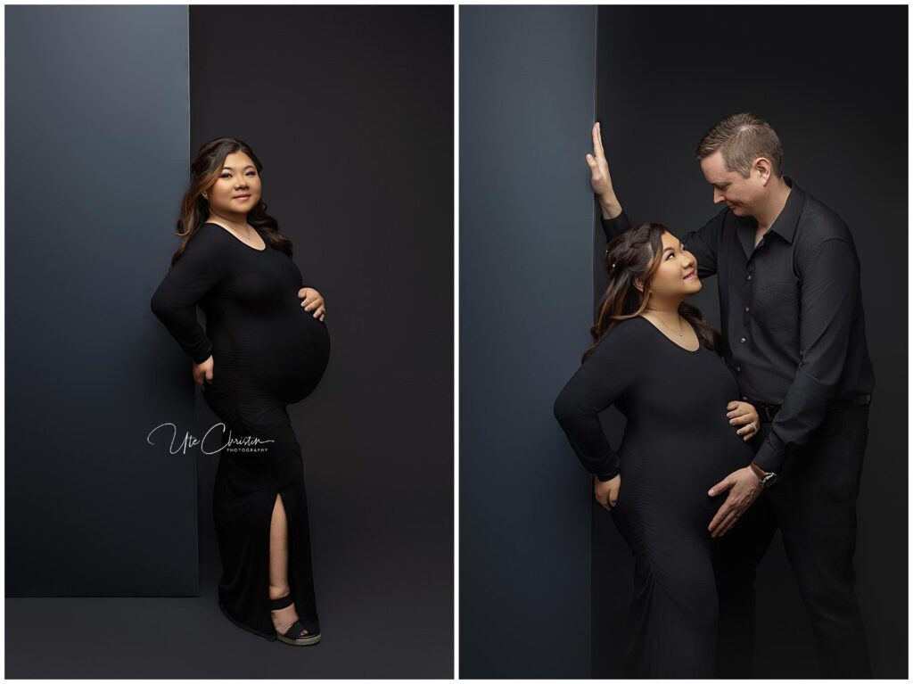 A pregnant woman in a fitted black dress poses against a dark background; in the second photo, she stands with a man in black, who gazes at her and gently touches her baby bump, radiating calm like after a Prenatal Massage In CT.