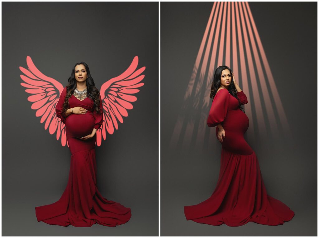 A pregnant woman in a long red dress poses against a dark background. In the left image, she stands with pink angel wings behind her; in the right, she poses under dramatic light rays, embodying the serenity of prenatal yoga in Milford CT.