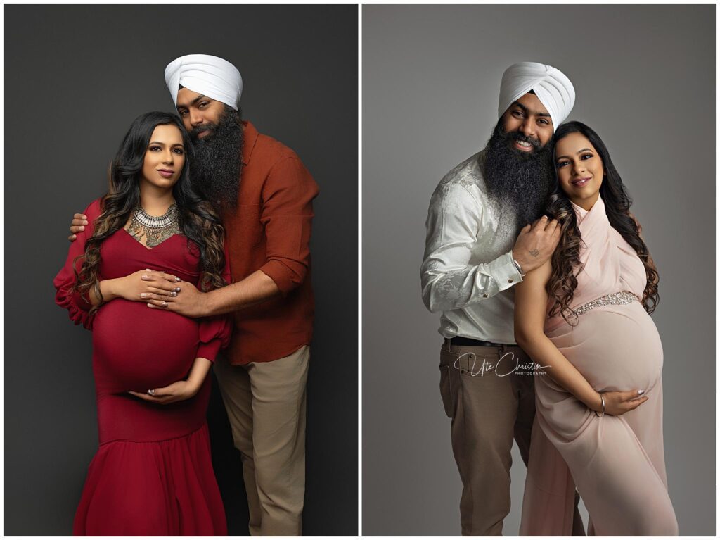 Two side-by-side studio portraits of a pregnant woman and a man with a turban and beard. Radiating warmth, they stand close together—her hands on her belly. Their joy echoes the connection often seen at prenatal yoga in Milford CT.
